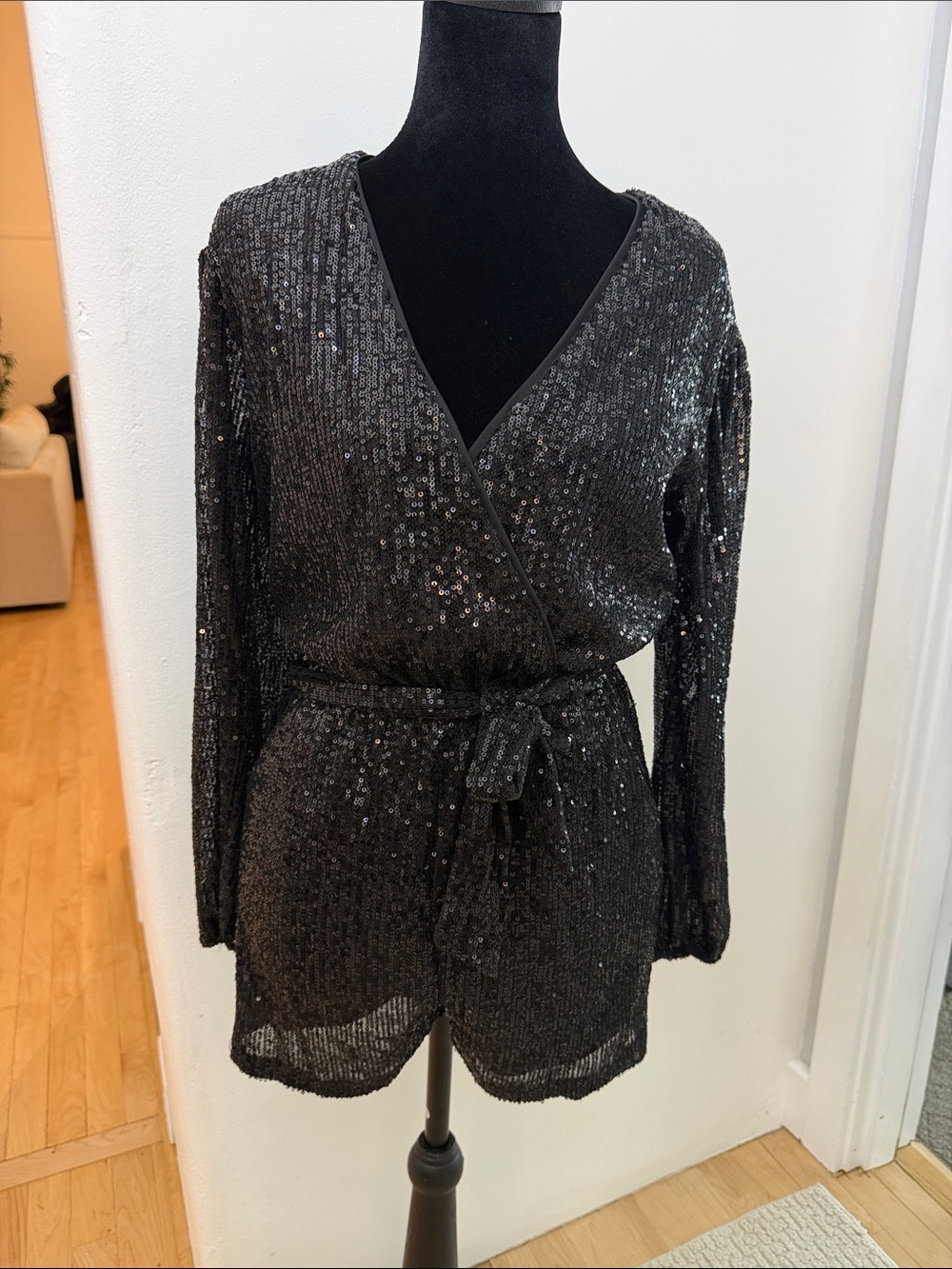 Black Sequin Wrap Romper with Tie Waist